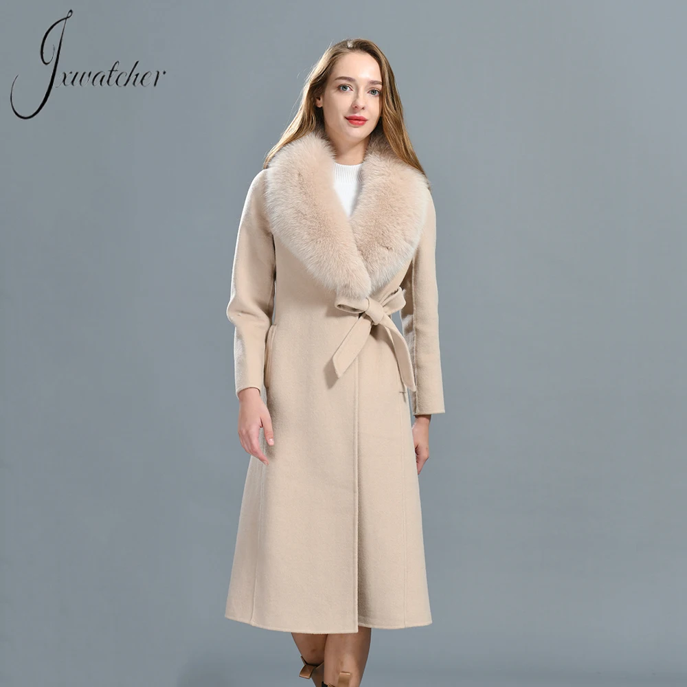 Jxwatcher Women Cashmere Coat With Luxury Fox Fur Collar Long Trench Coats Solid Full Sleeve Woolen Jacket Ladies Winter Outwear