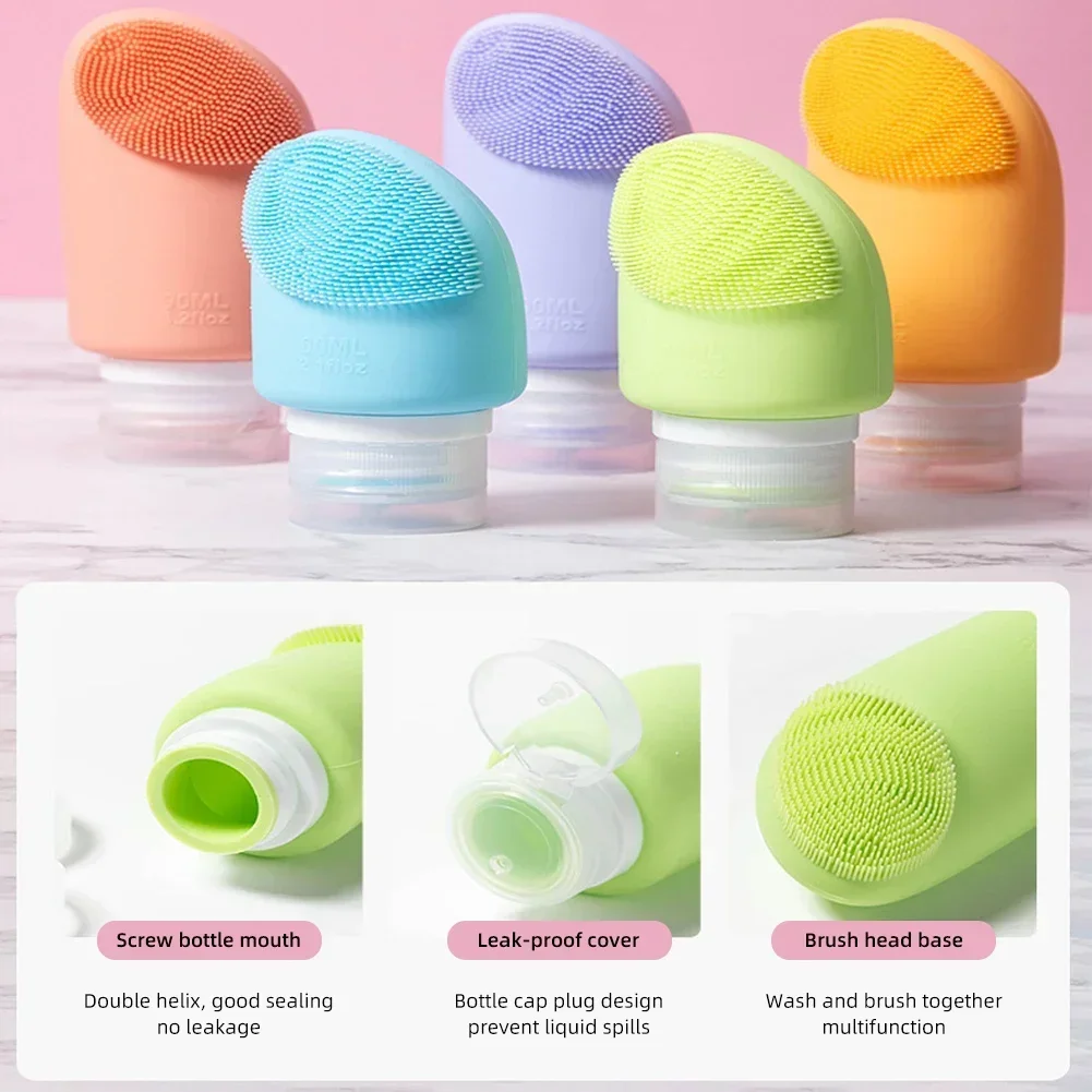 60/90ml Soft Silicone Sample Container Empty Lotion Squeeze Tube For Facial Cleanser Shower Gel Refillable Bottles With Brush