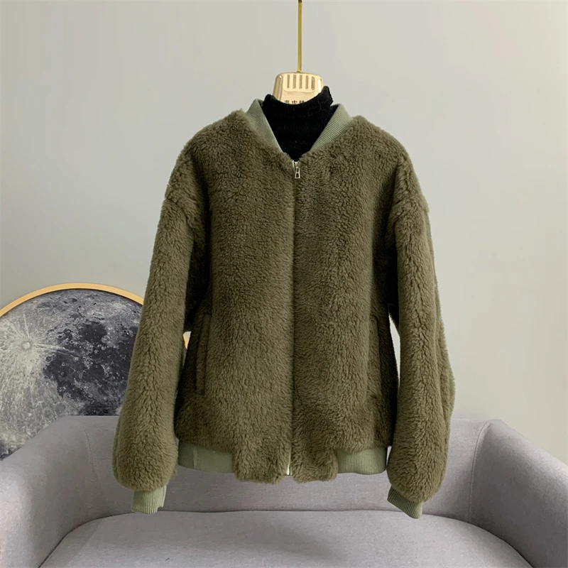 

RosEvans New Teddy Bear Bomber Jacket Warm Fashion Silhouette Loose Granular Feel Wool Coat Coat Short Women Fit Autumn Winter