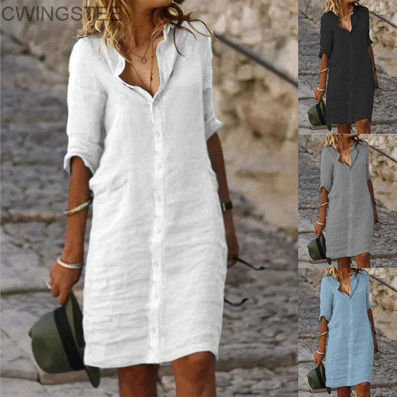 

Women's Summer Loose Lapel Button Half Sleeve Solid Color Cotton and Linen Shirt Dress Casual Vintage Cardigan Knee-Length Dress