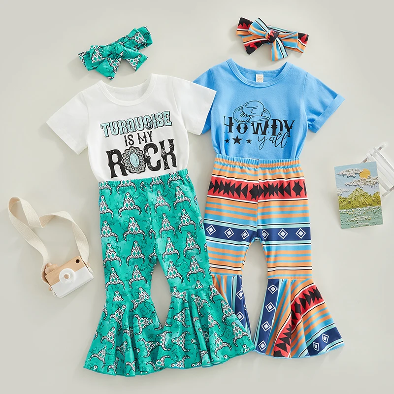 

Kids Girls Clothes Suits Letter Print Short Sleeve Crew Neck T-Shirts and Stripe/Cow Head Print Flare Pants 2Pcs Suit