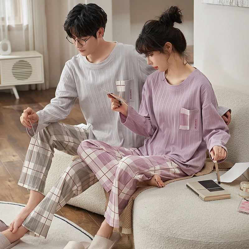 CAIYIER 2022 Cotton Winter Couple Pajamas Set Grid Print Mens Womens Nightwear Leisure Lovers Sweet Sleepwear Suit Soft Homewear