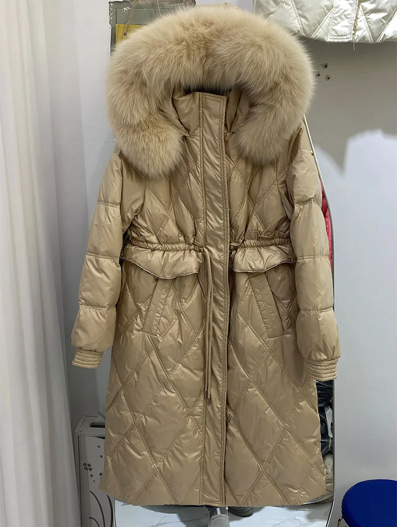 2022 Luxury Women's Winter Duck Down Overcoat with Large Fox Fur Hooded Windbreaker Outerwear for Lady Female Khaki Black Cream