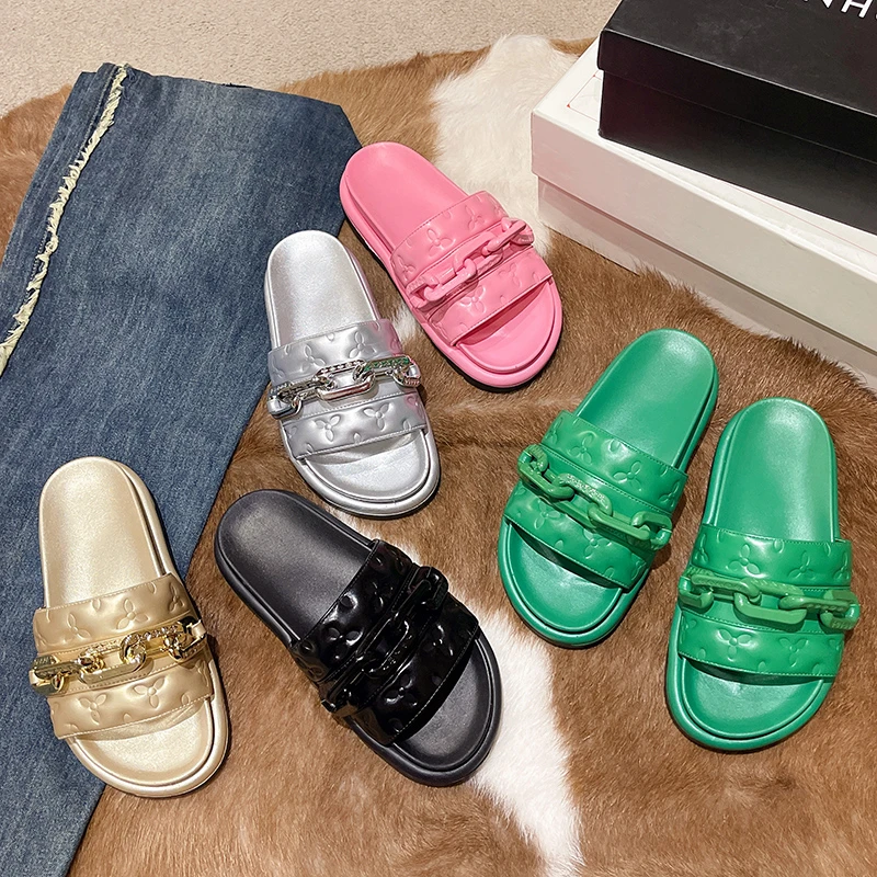 Luxury Women's Slippers Outdoors Fashion Beach Summer Sandals Hook & Loop Rubber Bottom Relief Print Ladies Shoes 2023