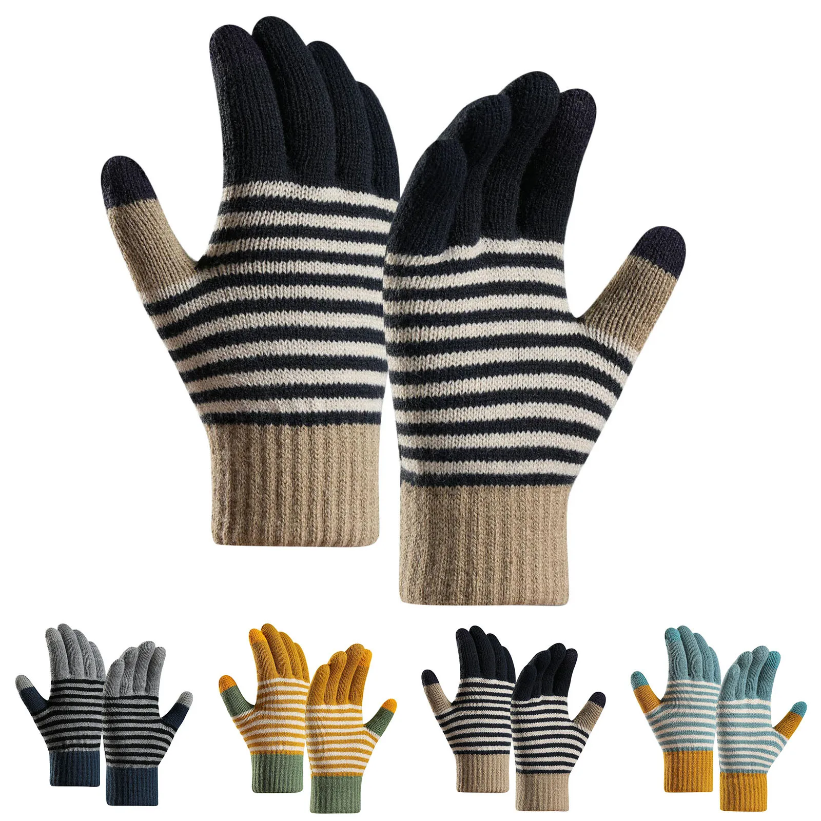 

Зимние мужские вязаные перчатки в полоску, высококачественные мужские варежки, плотные теплые шерстяные кашемировые однотонные мужские де...