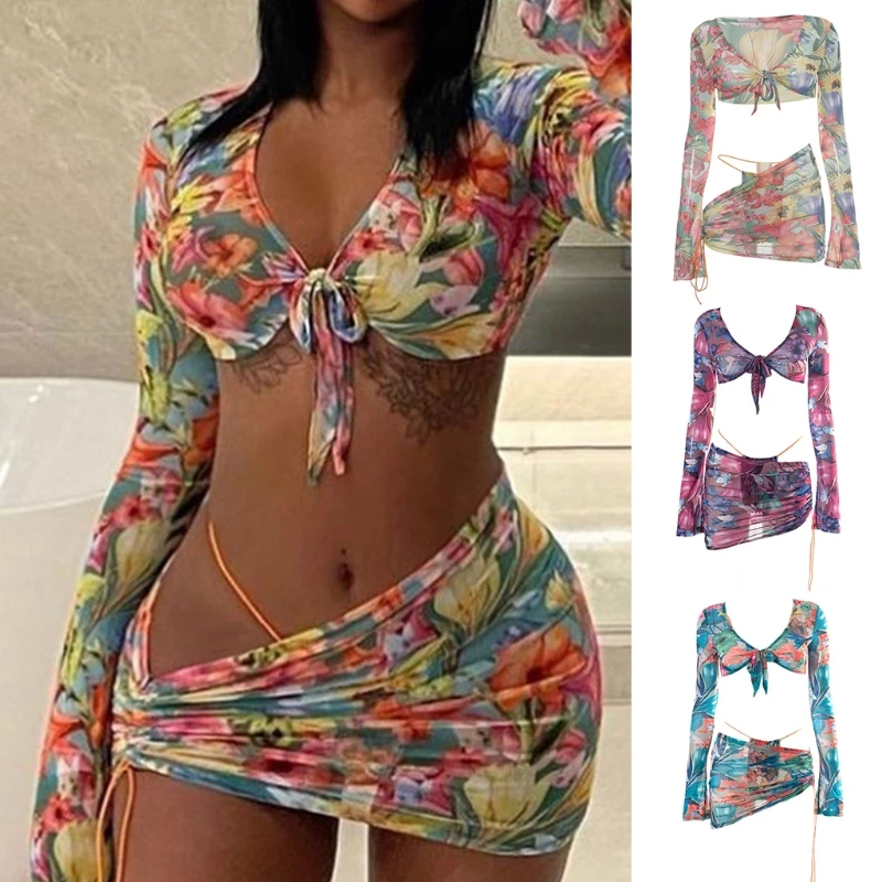 

Women Sexy Floral Mesh 3pcs Set Long Sleeve Tie Knot Crop Top with Thong Side Drawstring Ruched Mini Skirt Beachwear