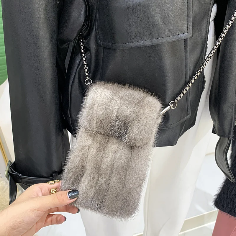 

2023 Fashion New Mini Mink Hair Coin Purse Crossbody Small Bag Mobile Phone Bag All-Matching Women's Shoulder Mobile Phone Bag