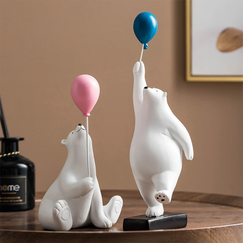 

Nordic Creative Balloon Polar Bear Resin Sculpture Living Room Desktop Ornament Modern Cute Bear Animal Figurine Home Decoration