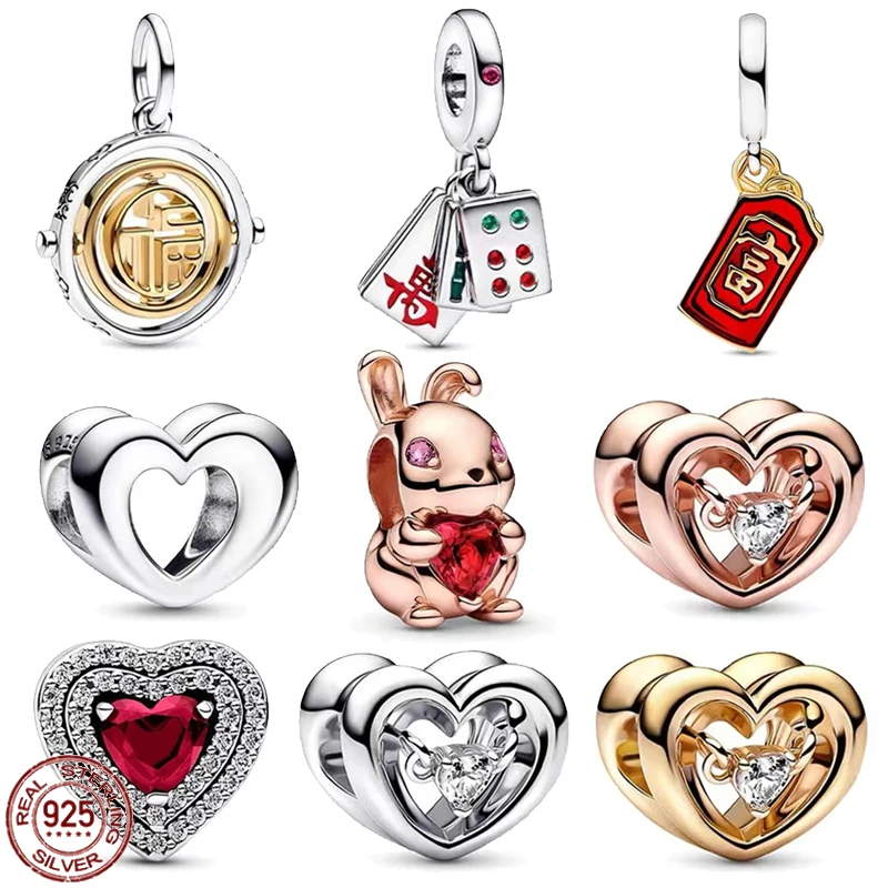 

Classic 925 Sterling Silver Cute Rabbit Heart Mahjong Red Envelope Pendant fit Original Pandora Bracelet DIY Women's Jewelry