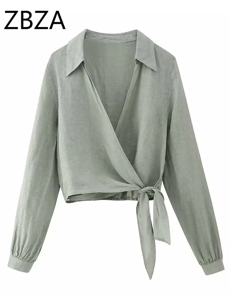 

Короткая блузка ZBZA с узлом, женская льняная рубашка, женские топы, Повседневная летняя блузка, женские рубашки с длинным рукавом и блузки для женщин