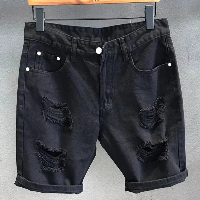 

2023 Hong Kong Version of Everything Street Tide White Ripped Denim Shorts Men's Casual Trend Summer Scraped Five Points Pants