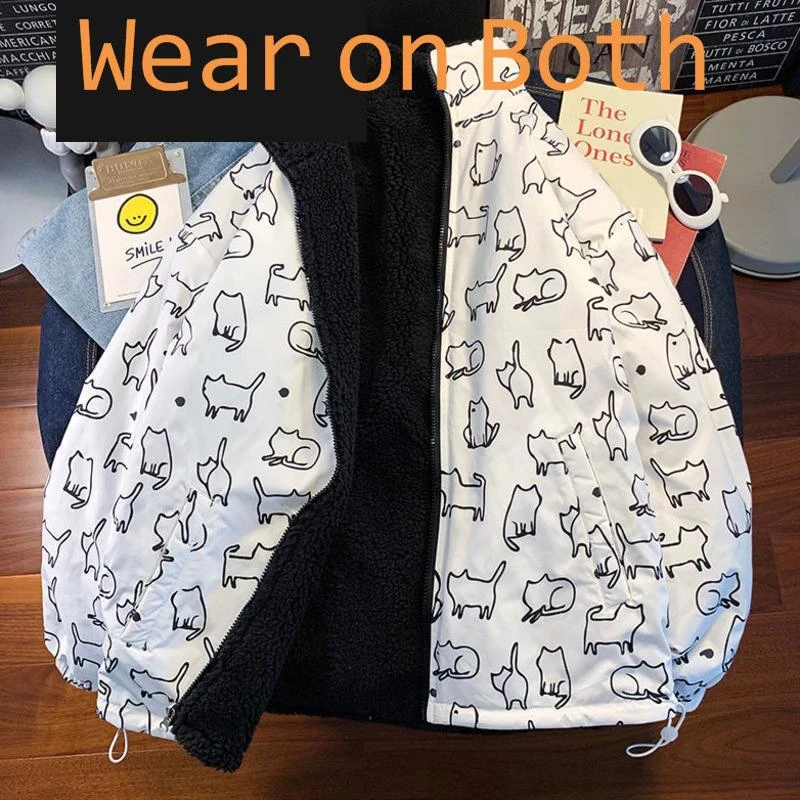 Women Double-Faced Cotton Padded Jacket Autumn Winter Loose Cotton-Padded Casual Lamb Wool Can Be Worn On Both Sides Coat Parkas