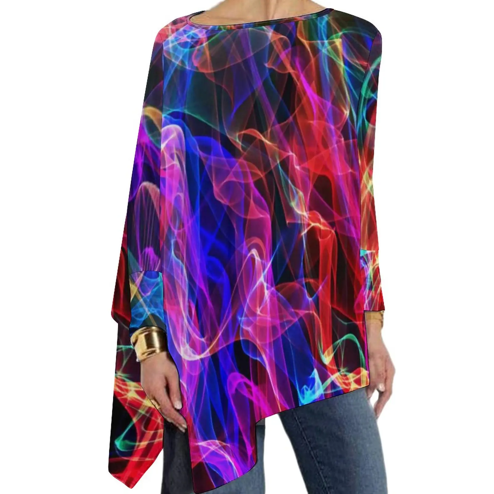 

Футболка женская с принтом радужного пламени, элегантная уличная одежда с длинным рукавом, с графическим принтом, большие размеры