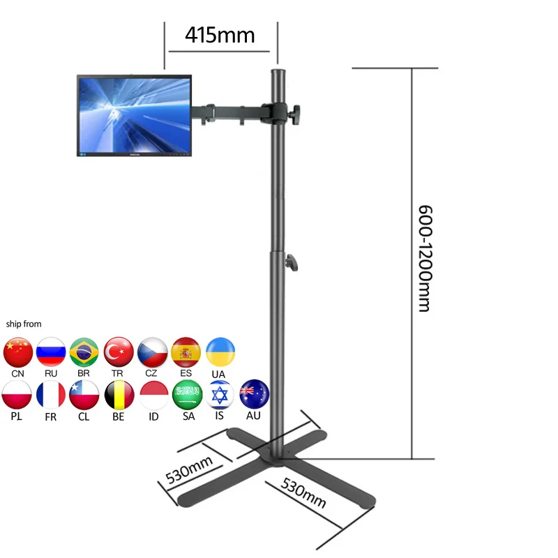 

2020 DL-UP30 X Shape base big height adjustable120cm 60cm monitor floor stand black screen trolley with dual arm tilt rotate 360