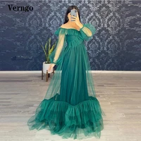 verngo green tulle long sleeves evening dresses off the shoulder tiered skirt arabric women formal prom gowns robe de soiree