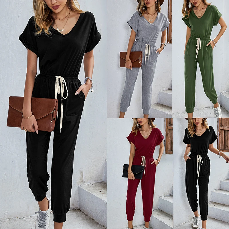 Rompers Womens Jumpsuit Sexy Casual Polyester Summer Women's 2022 High Waist Female Black Overalls Clothing Outfits with Pocket