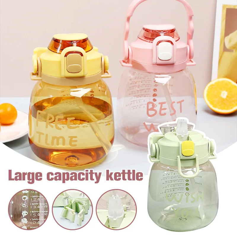 

1200ml Sports Water Bottle Female Summer Portable Large-capacity Straw Cup Pot Belly Student Kids Clear Drinking Cups Leak-Proof