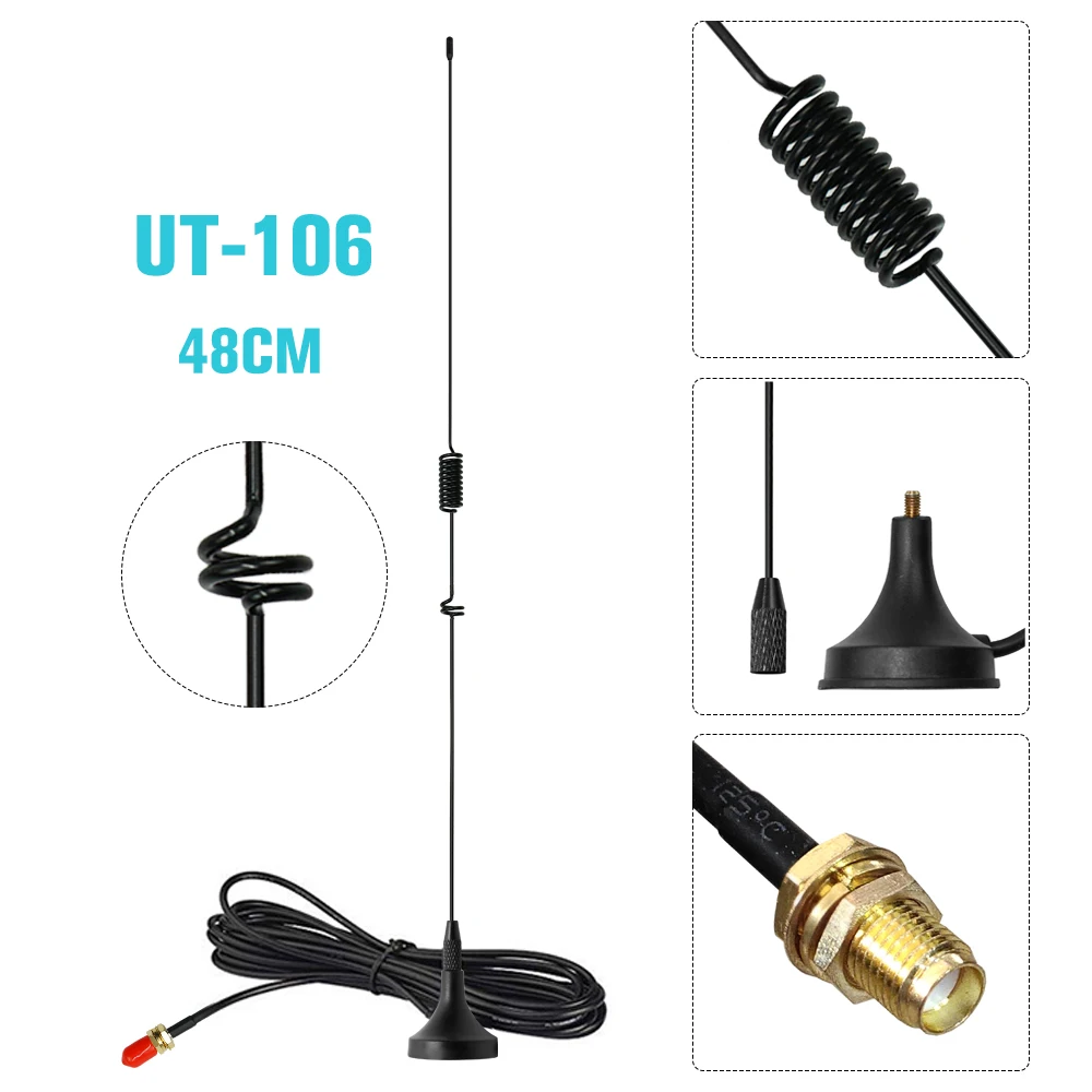 Автомобильная антенна UT-106 SMA-Female Magnetic HF Vehicle Mounted для рации Baofeng 888S UV5R UV9r Walkie Talkie Nagoya Two Way Radio.