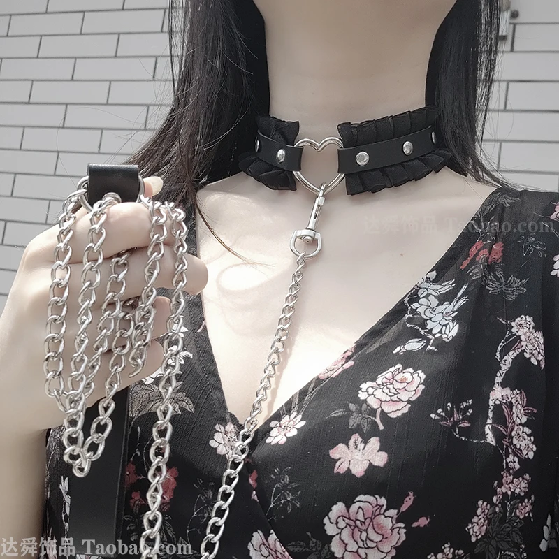 Black PU Leather Heart Choker lace Collar For Girl Punk Goth love Necklace Neck Cosplay Accessories Gift traction rope wholesale