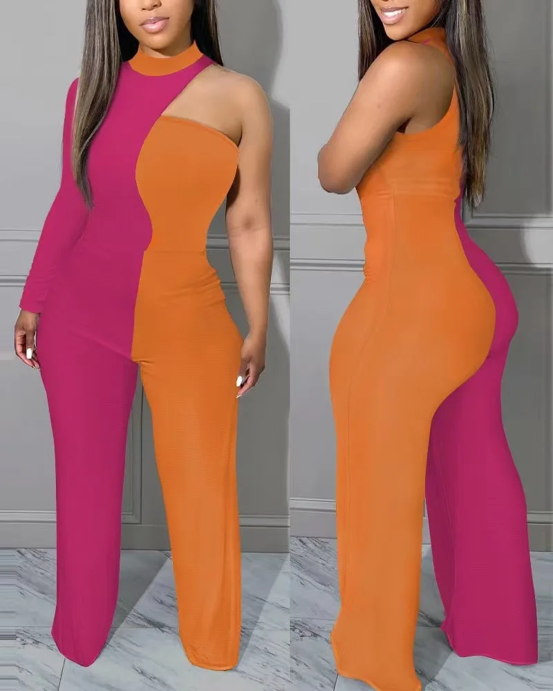 Autumn Fashion Color Contrast Print Jumpsuit Women Sexy Off Shoulder Single Sleeve Wide Leg Jumpsuit Women