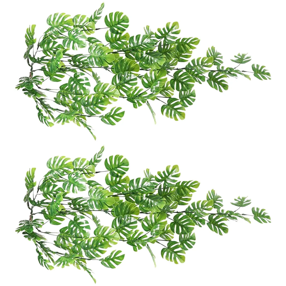 

2 Pcs Monstera Leaf Artificial Hanging Wedding Decor Green Vine Plastic Basket Fake Plants Home