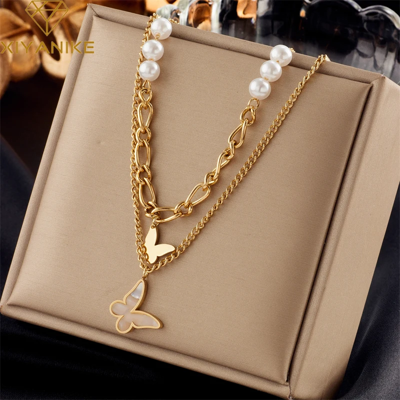 

XIYANIKE 316L Stainless Steel Necklace Butterfly Freshwater Pearl for Women Exquisite Charming Vintage Birthday ​Jewelry Collier