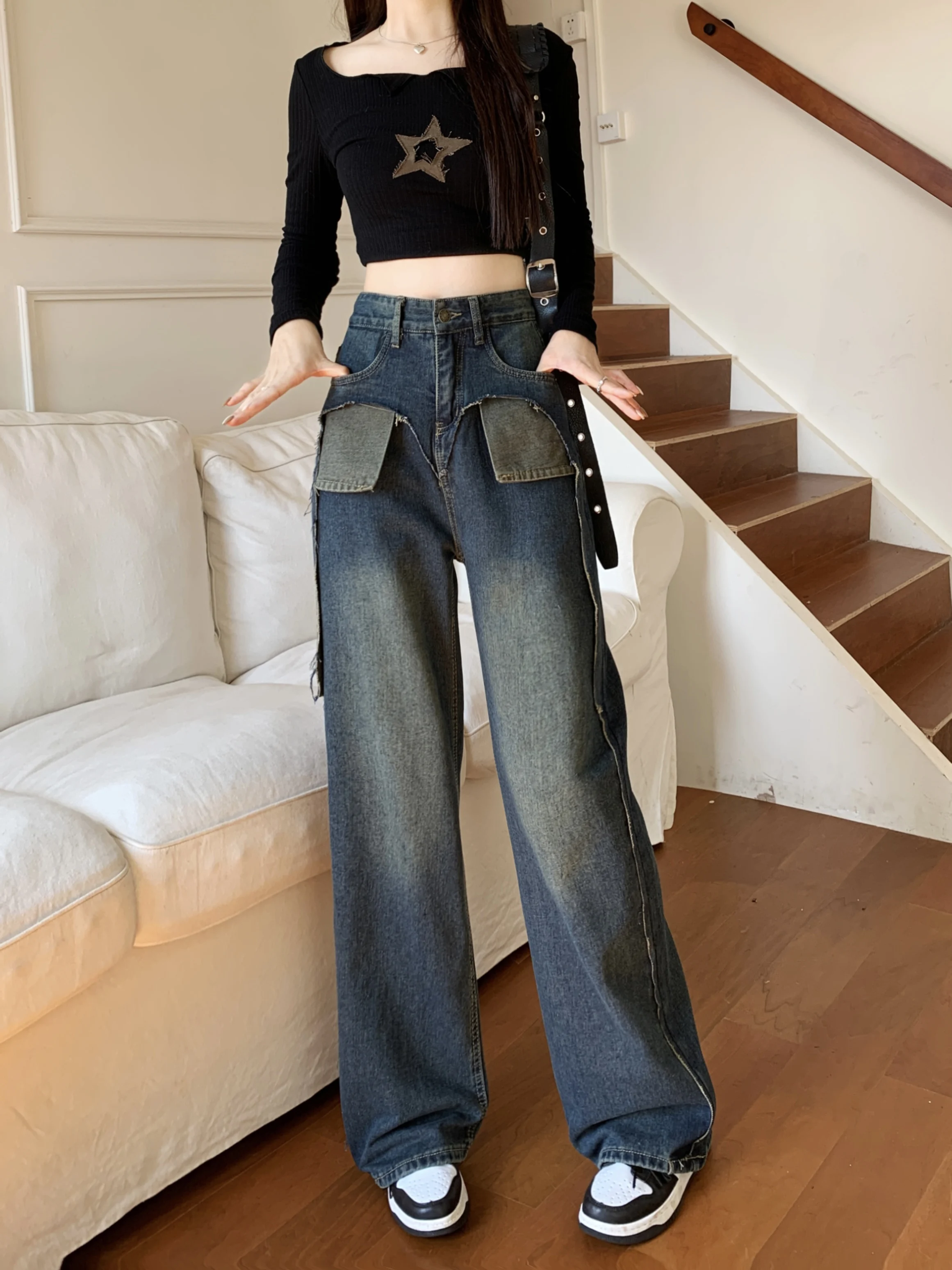 

pantalones design color contrast pocket flip patchwork jeans women's high-waisted slimming straight leg wide pants jeans