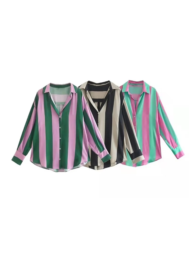 

BM&MD&ZA 7885138 Women 2022 New Fashion silk satin texture loose Blouses Vintage Long Sleeve Female Shirts Chic Tops 7885/138
