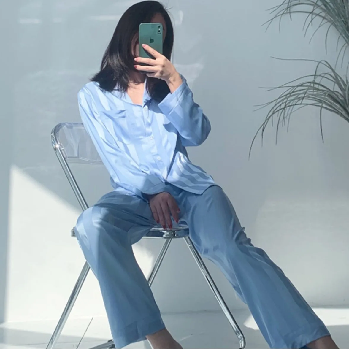 

Female Full Sleeve Striped 2PCS Pajamas Suit Ice Silk Casual Home Clothes Spring Autumn Nightwear Fashion Simple Sleepwear