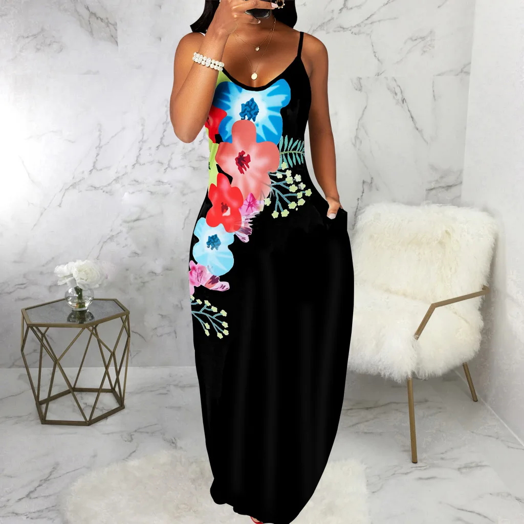 2022 Spring And Summer Women Fashion Printing Loose Casual Sleeveless V-neck Big Swing Skirt Dress