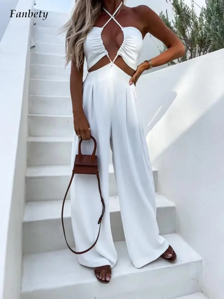 

Elegant Crossover Halter Hollow Party Jumpsuit Women Sexy Off Shoulder Playsuit Romper Summer Casual Straight Leg Solid Overalls