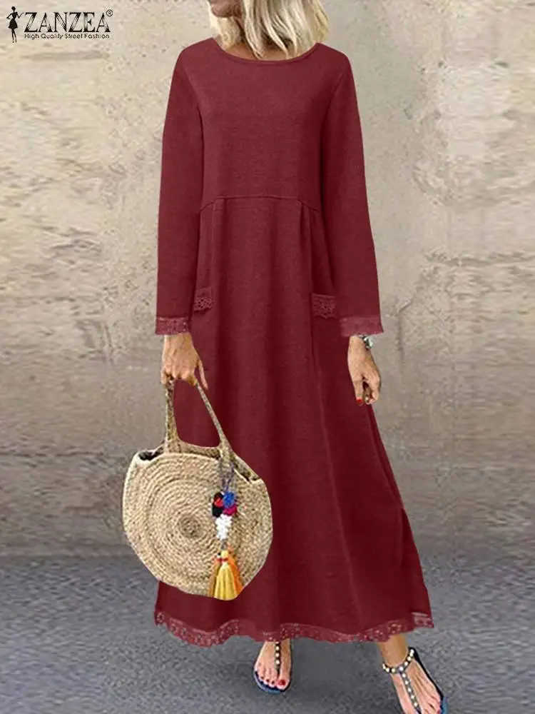 Винтажное женское платье-свитшот ZANZEA 2023 Осеннее кружевное лоскутное платье