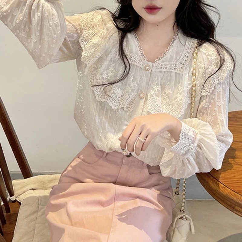 Женская модная Милая Кружевная рубашка на пуговицах женская элегантная белая