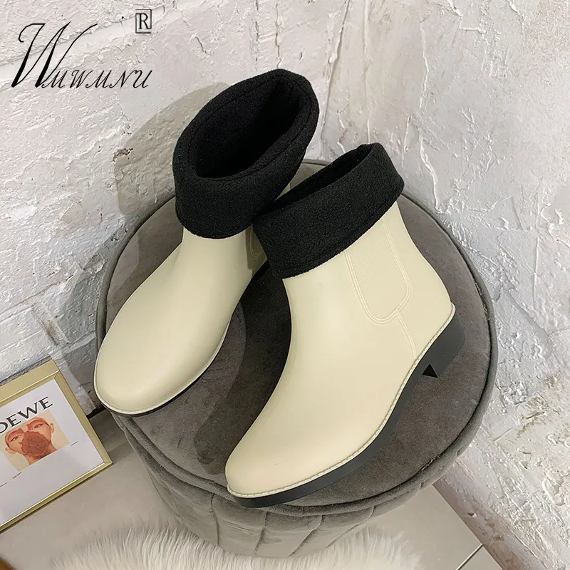 

Apricot Winter Plush Platform Non Slip Rain Boots PVC Waterproof Wear-Resistant Work Rubber Shoes Korean Slip On Ankle Bootse B