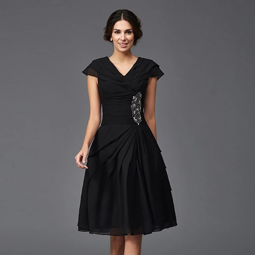 

Черное Деловое платье для матери 2022, ТРАПЕЦИЕВИДНОЕ ПЛАТЬЕ С V-образным вырезом, со складками, платье для гостей свадьбы, вечернее платье с к...