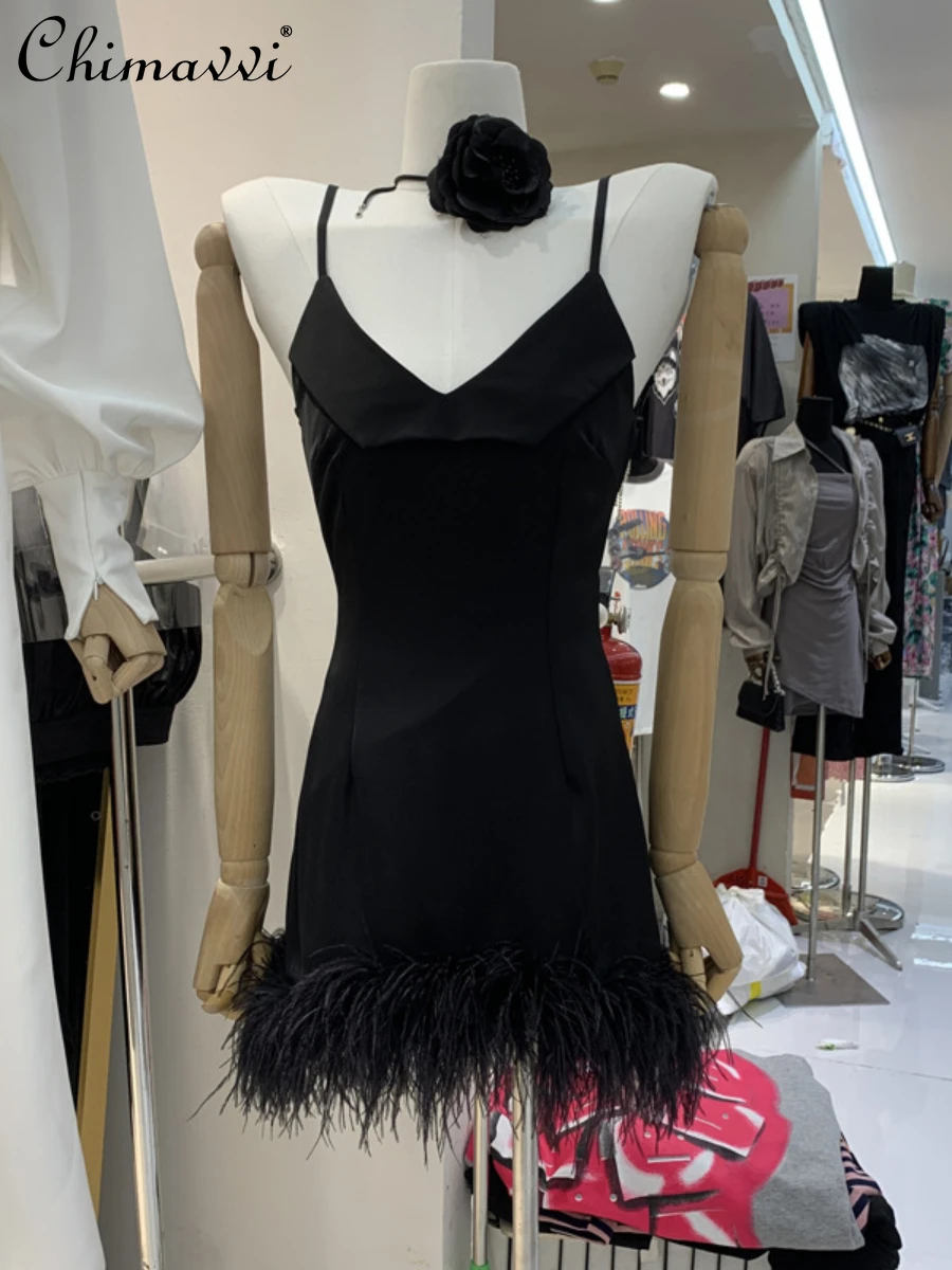 

Black Glossy Satin Women for Dress 2022 Summer New Fashion Sexy Backless Drill Chain Ostrich Feather Hip Slip Gown Dresses