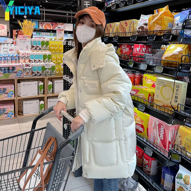 YICIYA Women's Winter Parkas 2023 Mid-long Jackets Casual Pockets Thick Warm Hooded Pattern Coat Outwear Windproof Jacket Parkas