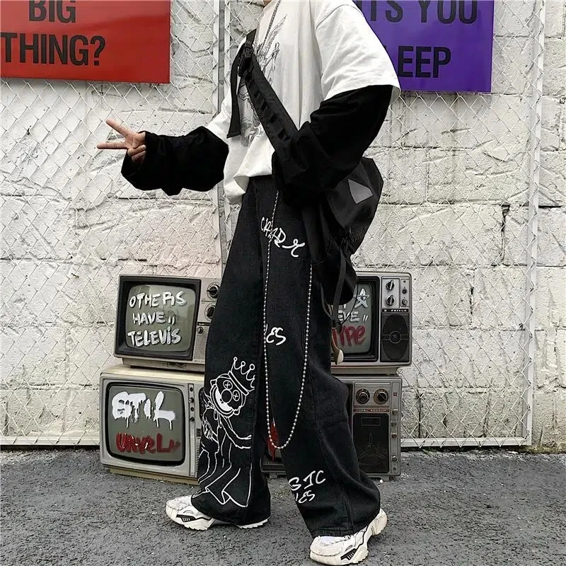 Graffiti Printed Street Jeans Women Gothic Mopping Loose Wide-Leg Pants Harajuku Street Casual All-Match Jeans Trousers Unisex