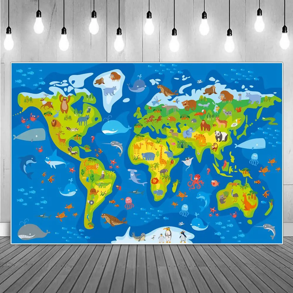 

Kids World Map Blue Ocean Photography Backgrounds Shark Global Animal Landmark Mainlands Birthday Photographic Backdrop Portrait