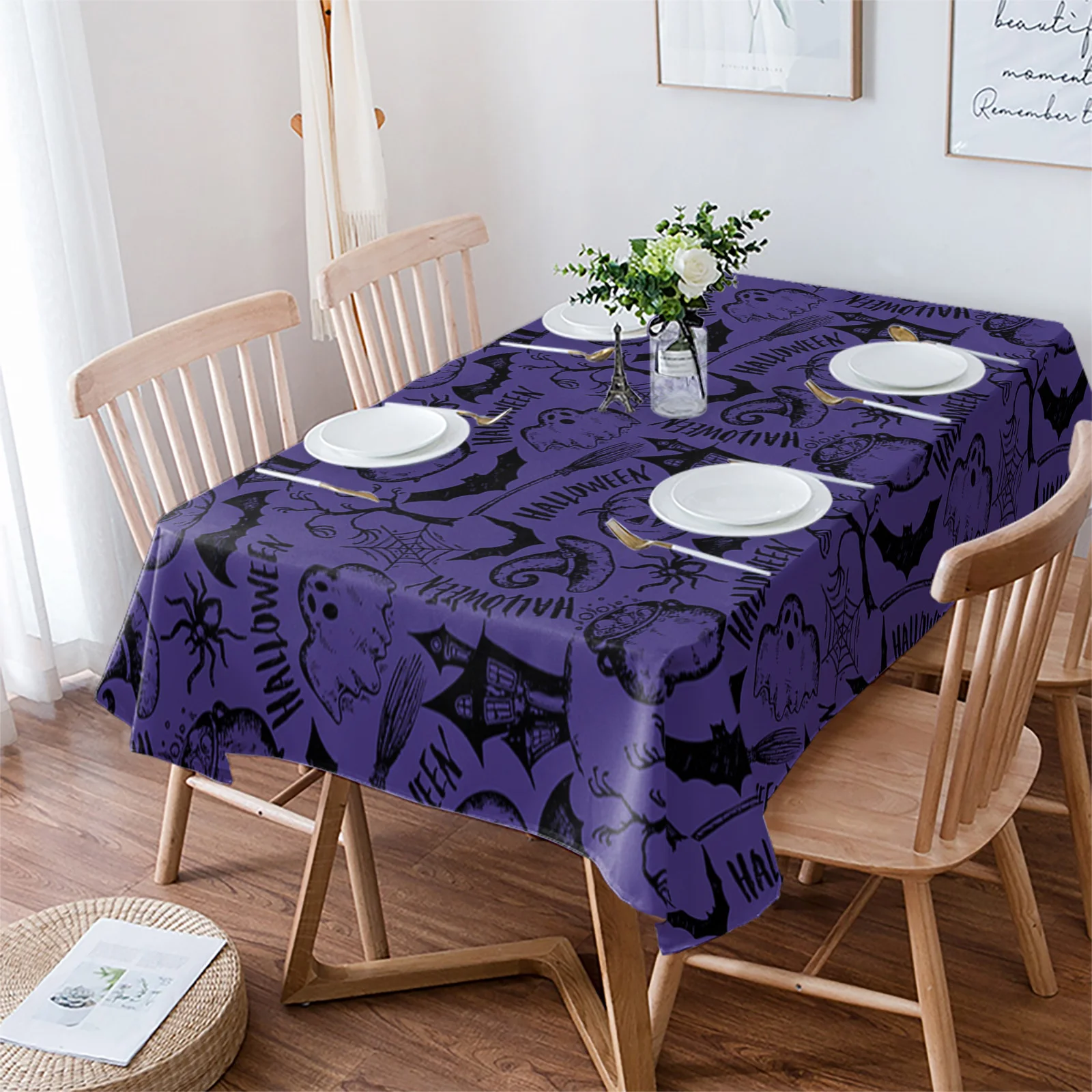 Halloween Pumpkin Castle Bat Witch Hat Purple Table Cloth Waterproof Oilproof Dining Table Cover Kitchen Home Decor Tablecloth