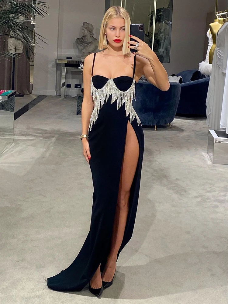 

HIGH QUALITY Newest 2022 Fashion Runway Show Women's Sexy Luxurious Chains Strass Diamonds Tassel Sling Party Slit Long Dress