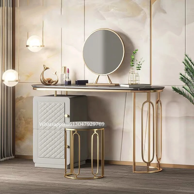 

INS popular modern minimalist light luxury nordic dressing table with mirror and stool golden iron dresser with led light mirror