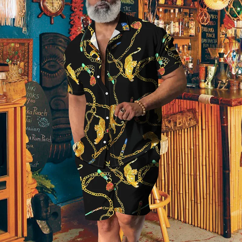 

Комплект Гавайский мужской из 2 предметов, рубашка с коротким рукавом и принтом, пляжные шорты оверсайз, повседневный наряд для отдыха и пое...