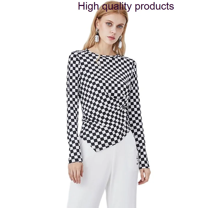 

Брендовая Новинка 2023, Женская облегающая футболка из чистого хлопка 100%, женские Асимметричные клетчатые Топы с длинным рукавом, женские футболки, рубашка