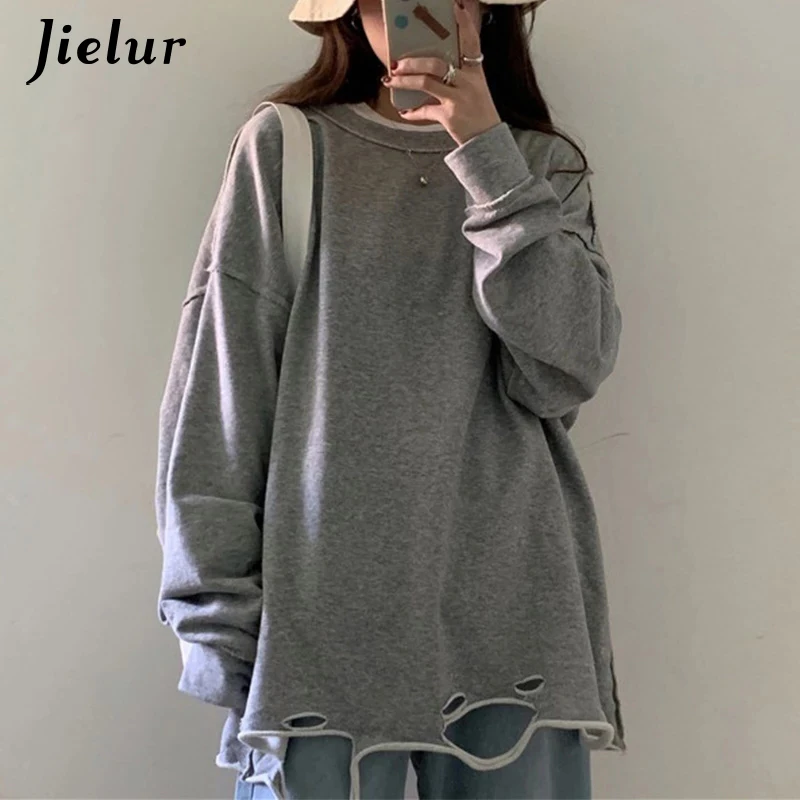 

Jielur Harajuku Long Sleeve Hole Tops Female Grey Pullovers New 2022 Spring Autumn Thin Cotton Long Women Sweatshirt M-XXL Size