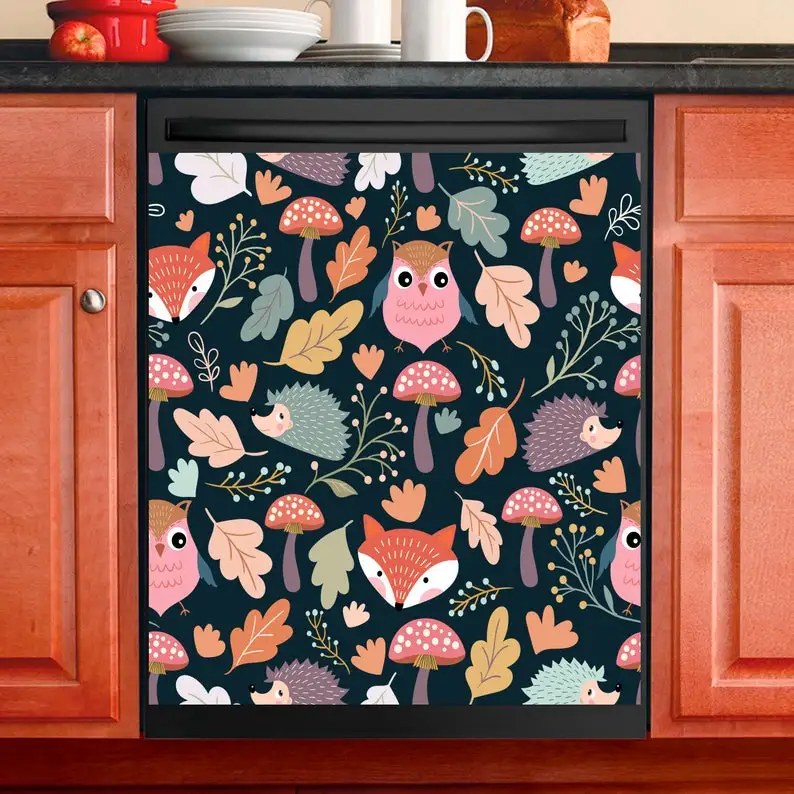 

Kitchen Decor Dishwasher Cover Autumn Pattern Owl Fox Hedgehog