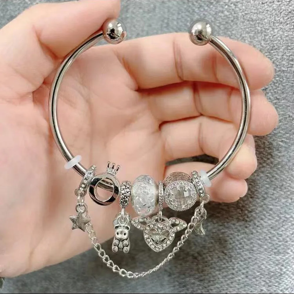 

C-shaped Opening Fine Ladies Bangles DIY Bear Angel Wings Ladies Jewelry Gift Tassel Star Moon Pendant Bracelet For Men Women