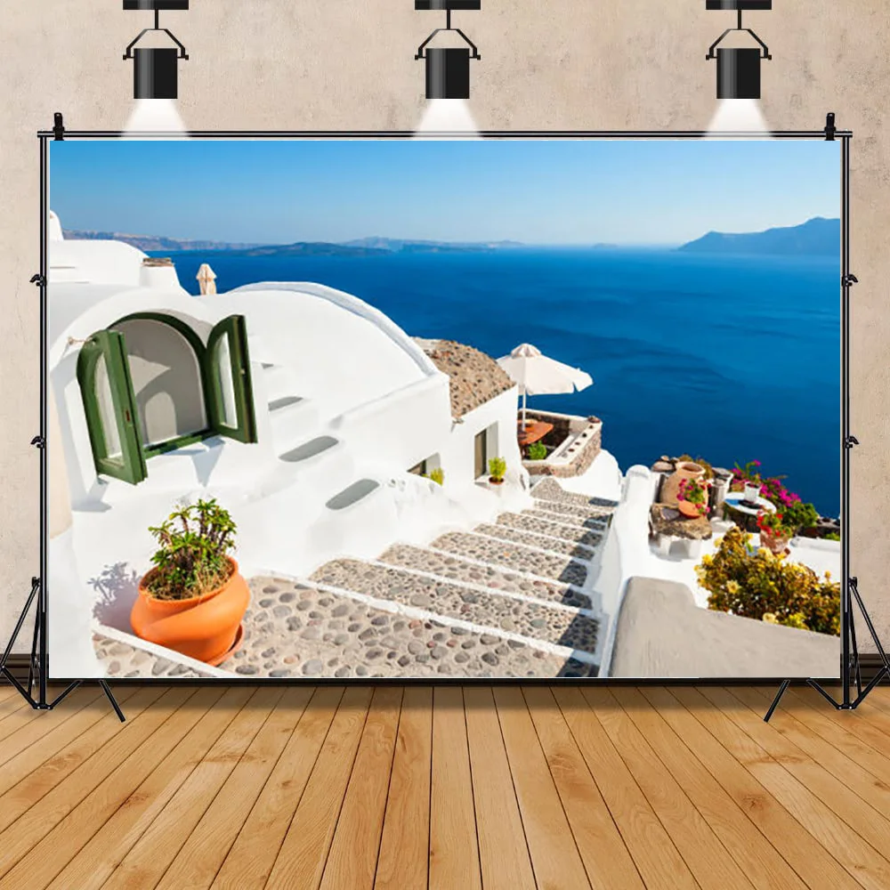

White Buildings In The Old City Of Santorini Island And Beautiful Scenery Of The Aegean Sea Photographic Background Prop LHJ-06