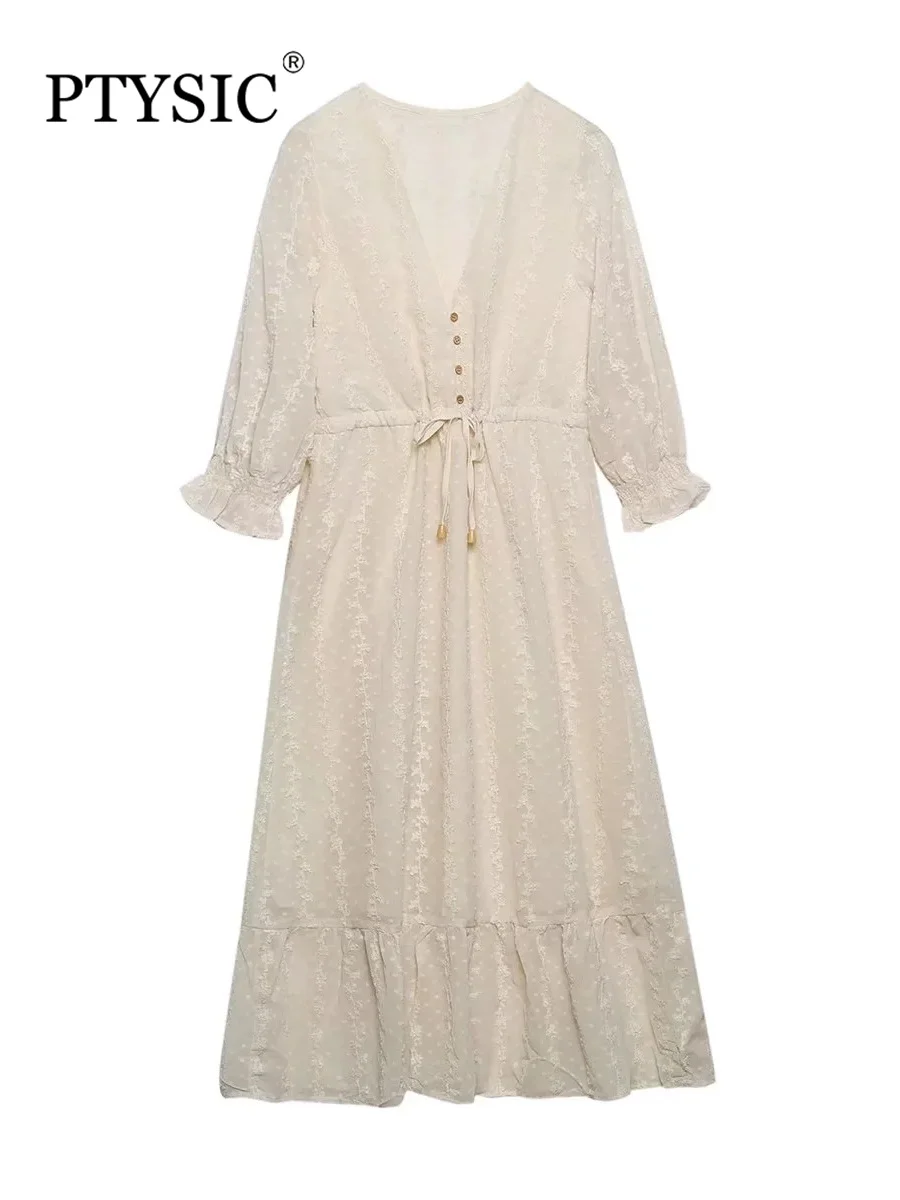 

Стильное женское жаккардовое платье PTYSIC с длинным рукавом, миди-платье 2022, летнее винтажное платье на пуговицах с оборками и поясом