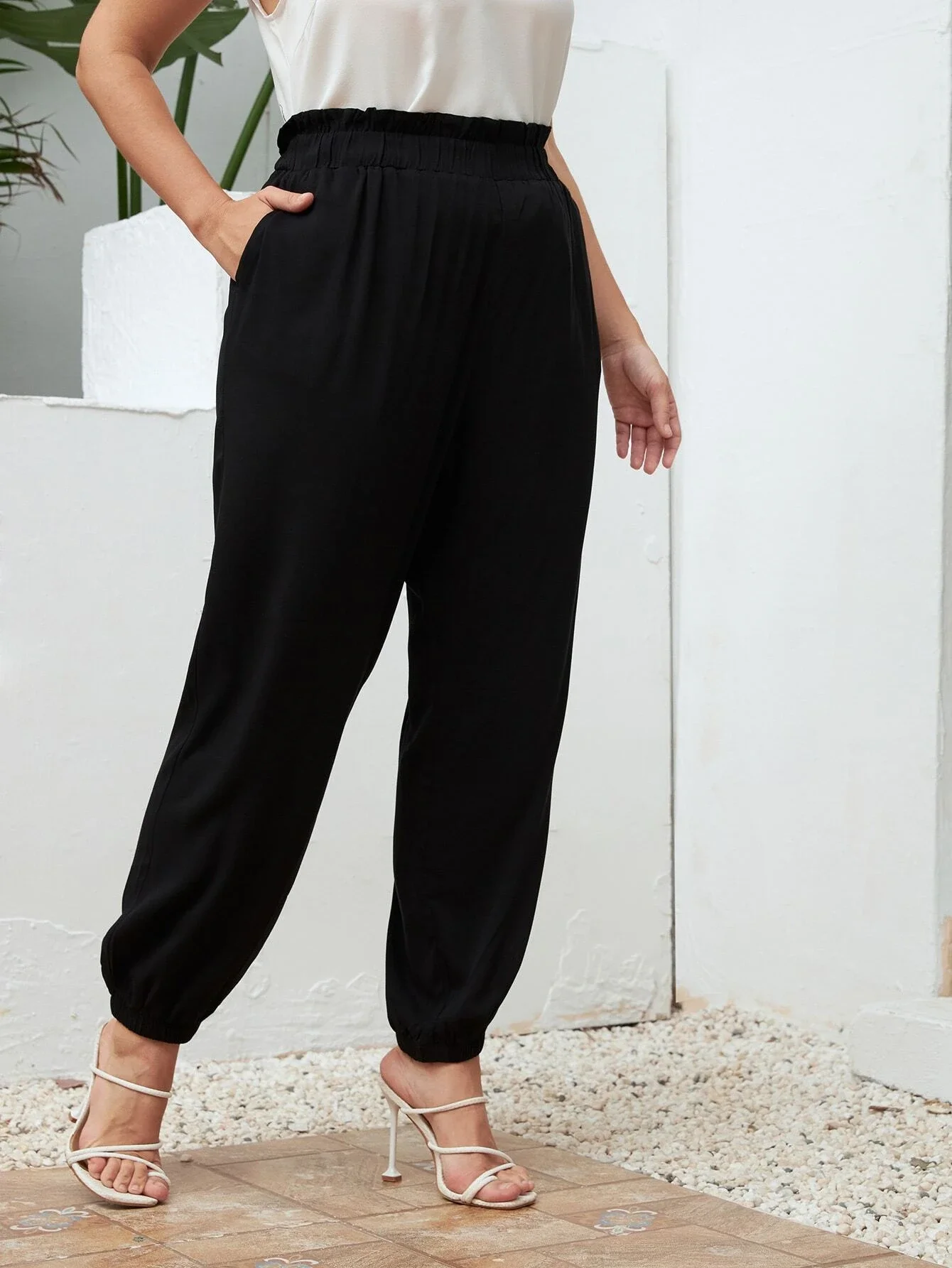 

Plus Paper Bag Waist Slant Pocket Tapered Pants